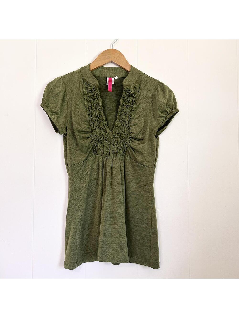 Heart Soul y2k 2000s Green Ruffle V-Neck Short Sleeve Blouse Top Women's Medium